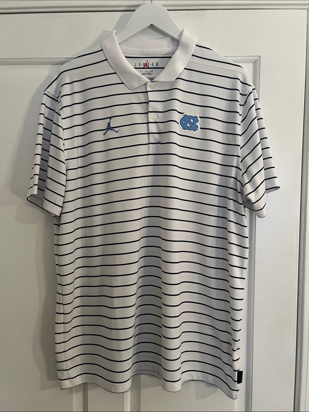 Jordan Men’s White/Navy Striped Polo with UNC Logo